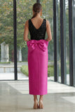 Sequin Bowed Fuchsia and Black Midi Formal Dress