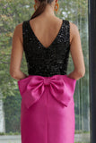 Sequin Bowed Fuchsia and Black Midi Formal Dress