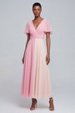A Line Pink V Neck Maxi Formal Dress