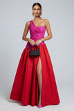 One Shoulder A Line Ruched Fuchsia and Red Formal Dress