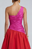 One Shoulder A Line Ruched Fuchsia and Red Formal Dress