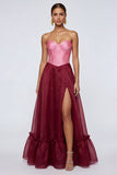 Strapless A Line Pink and Burgundy Ruffled Corset Formal Dress