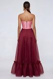 Strapless A Line Pink and Burgundy Ruffled Corset Formal Dress