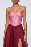 Strapless A Line Pink and Burgundy Ruffled Corset Formal Dress