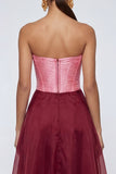 Strapless A Line Pink and Burgundy Ruffled Corset Formal Dress