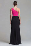 One Shoulder Corset Fuchsia and Black Maxi Formal Dress