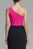 One Shoulder Corset Fuchsia and Black Maxi Formal Dress