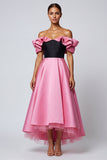 Off the Shoulder Ruffled A Line Satin Black and Pink Formal Dress