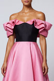 Off the Shoulder Ruffled A Line Satin Black and Pink Formal Dress