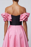 Off the Shoulder Ruffled A Line Satin Black and Pink Formal Dress