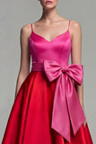 A Line Satin Fuchsia and Red Formal Dress with Bow