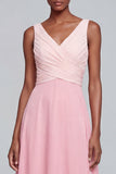 A Line V Neck Ruched Pink Maxi Formal Dress