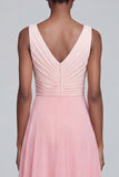 A Line V Neck Ruched Pink Maxi Formal Dress