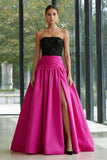 Strapless Sequin A Line Fuchsia and Black Formal Dress