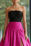 Strapless Sequin A Line Fuchsia and Black Formal Dress