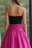 Strapless Sequin A Line Fuchsia and Black Formal Dress