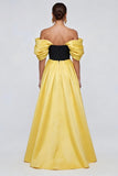 Off the Shoulder Ruffled Satin A Line Black and Yellow Formal Dress