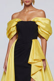Off the Shoulder Ruffled Satin A Line Black and Yellow Formal Dress