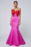 Mermaid Strapless Bowed Satin Fuchsia and Red Formal Dress