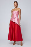 Strapless Ruched A Line Satin Pink and Red Formal Dress