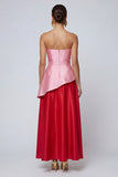 Strapless Ruched A Line Satin Pink and Red Formal Dress