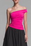 A Line One Shoulder Ruched Fuchsia and Black Formal Dress