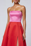 Pink and Red Strapless Ruffled A Line Formal Dress