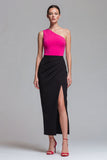 One Shoulder Bodycon Ruched Fuchsia and Black Formal Dress