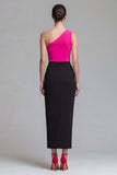 One Shoulder Bodycon Ruched Fuchsia and Black Formal Dress