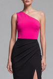 One Shoulder Bodycon Ruched Fuchsia and Black Formal Dress