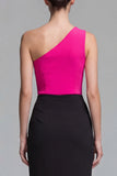 One Shoulder Bodycon Ruched Fuchsia and Black Formal Dress