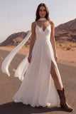 Ivory A Line Spaghetti Straps Long Wedding Dress with Scraf