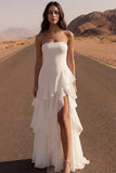 Strapless Ivory A Line Ruffled Long Wedding Dress with Slit