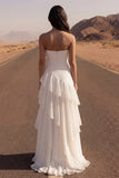 Strapless Ivory A Line Ruffled Long Wedding Dress with Slit