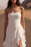 Strapless Ivory A Line Ruffled Long Wedding Dress with Slit