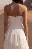 Strapless Ivory A Line Ruffled Long Wedding Dress with Slit