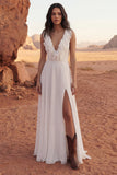 Ivory Ruffled V Neck A Line Long Wedding Dress with Slit