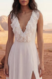 Ivory Ruffled V Neck A Line Long Wedding Dress with Slit