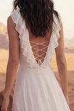 Ivory Ruffled V Neck A Line Long Wedding Dress with Slit