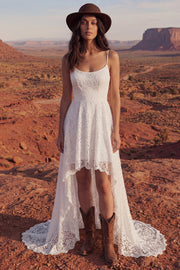 High Low A Line Ivory Lace Spaghetti Straps Boho Wedding Dress with Court Train