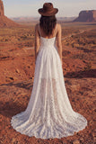 High Low A Line Ivory Lace Spaghetti Straps Boho Wedding Dress with Court Train