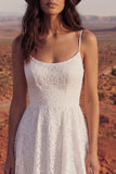 High Low A Line Ivory Lace Spaghetti Straps Boho Wedding Dress with Court Train