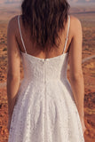 High Low A Line Ivory Lace Spaghetti Straps Boho Wedding Dress with Court Train