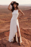 Ivory A Line Ruffled Long Wedding Dress with Slit