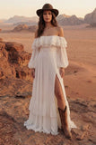 Off the Shoulder Ivory A Line Ruffled Long Wedding Dress with Slit