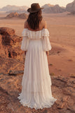 Off the Shoulder Ivory A Line Ruffled Long Wedding Dress with Slit