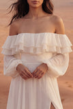 Off the Shoulder Ivory A Line Ruffled Long Wedding Dress with Slit