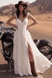 Ivory Ruffled A Line Long Wedding Dress with Slit