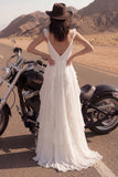Ivory Ruffled A Line Long Wedding Dress with Slit