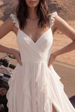 Ivory Ruffled A Line Long Wedding Dress with Slit